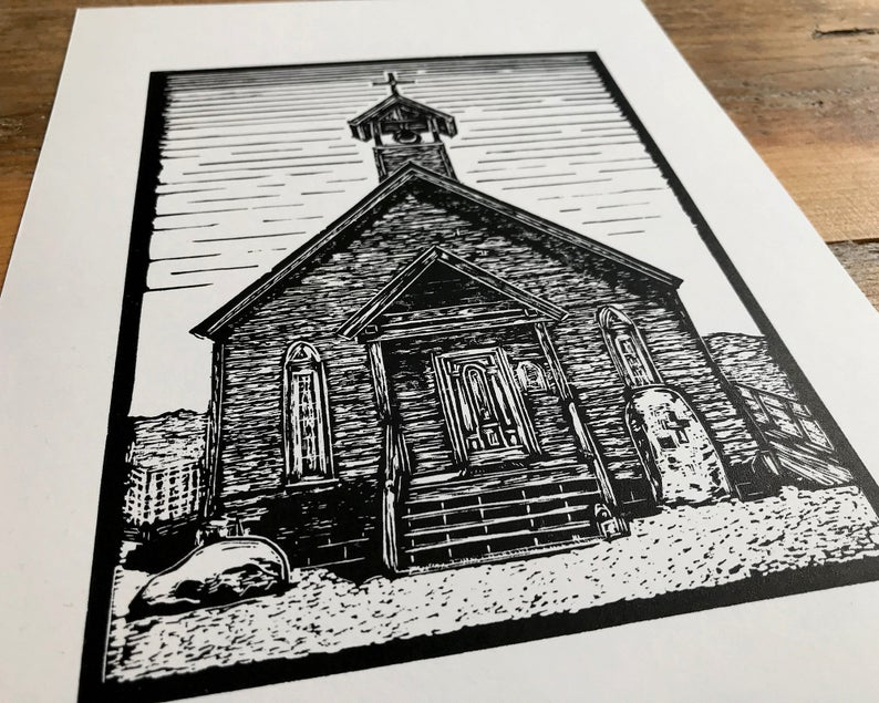 Ghost town church linocut print close up