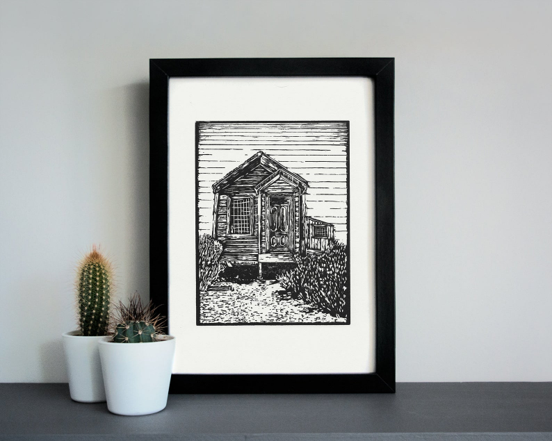 Ghost town miners house linocut print framed