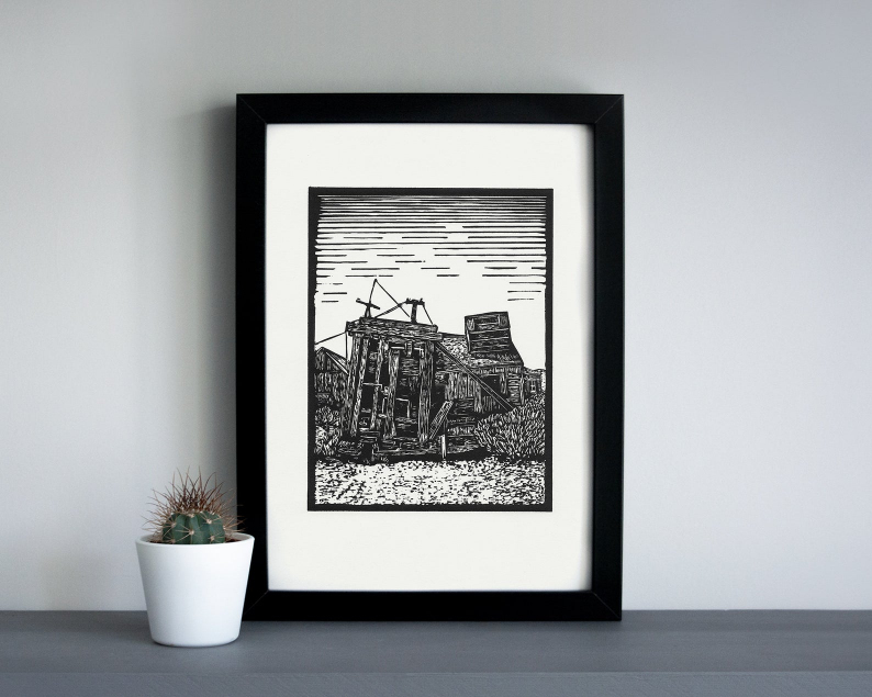 Ghost town saw mill linocut print framed