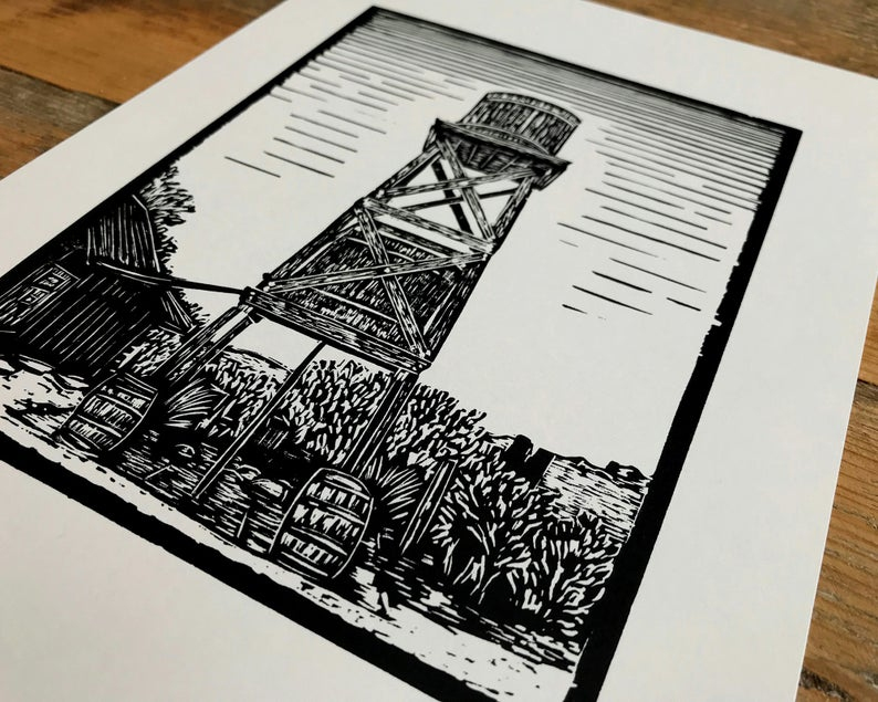 Ghost town water tower linocut print close up