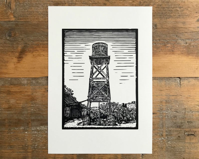 Ghost town water tower linocut print unframed