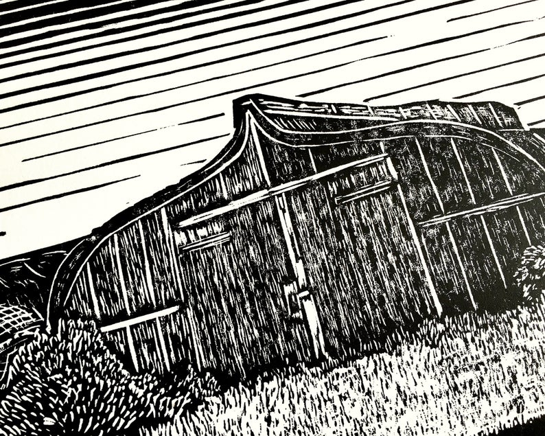 Lindisfarne boat shed linocut print close up