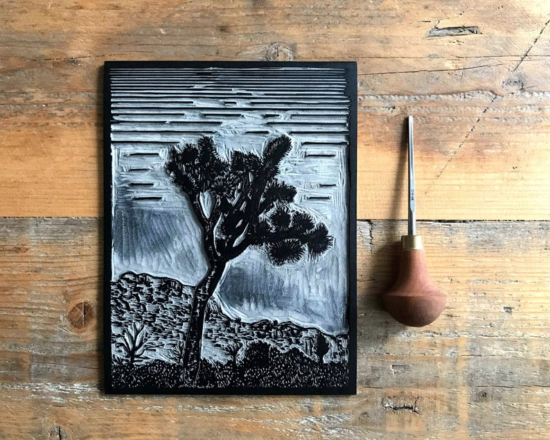 Lone joshua tree linocut print block
