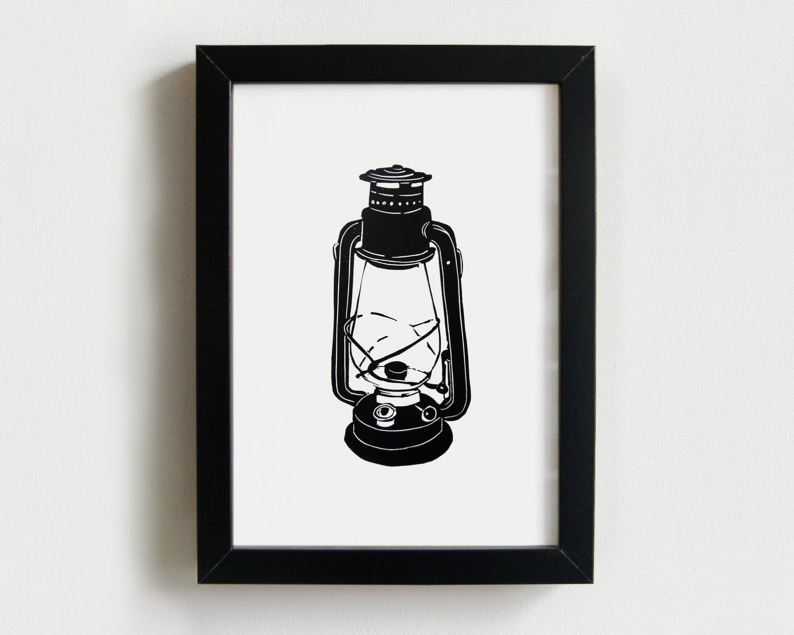 Oil lamp linocut print framed