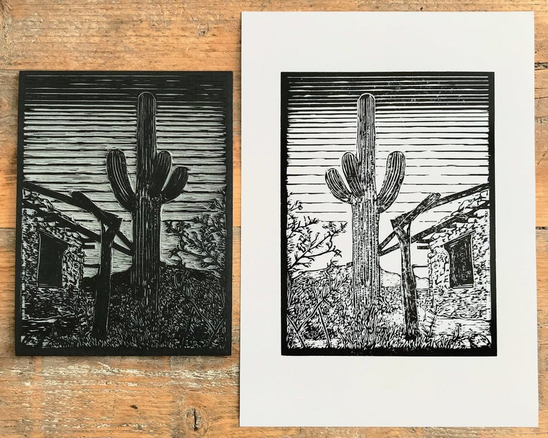 Saguaro linocut print block