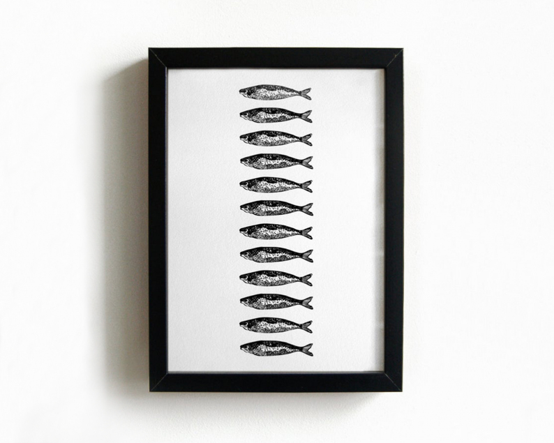 Twelve sardines screenprint framed